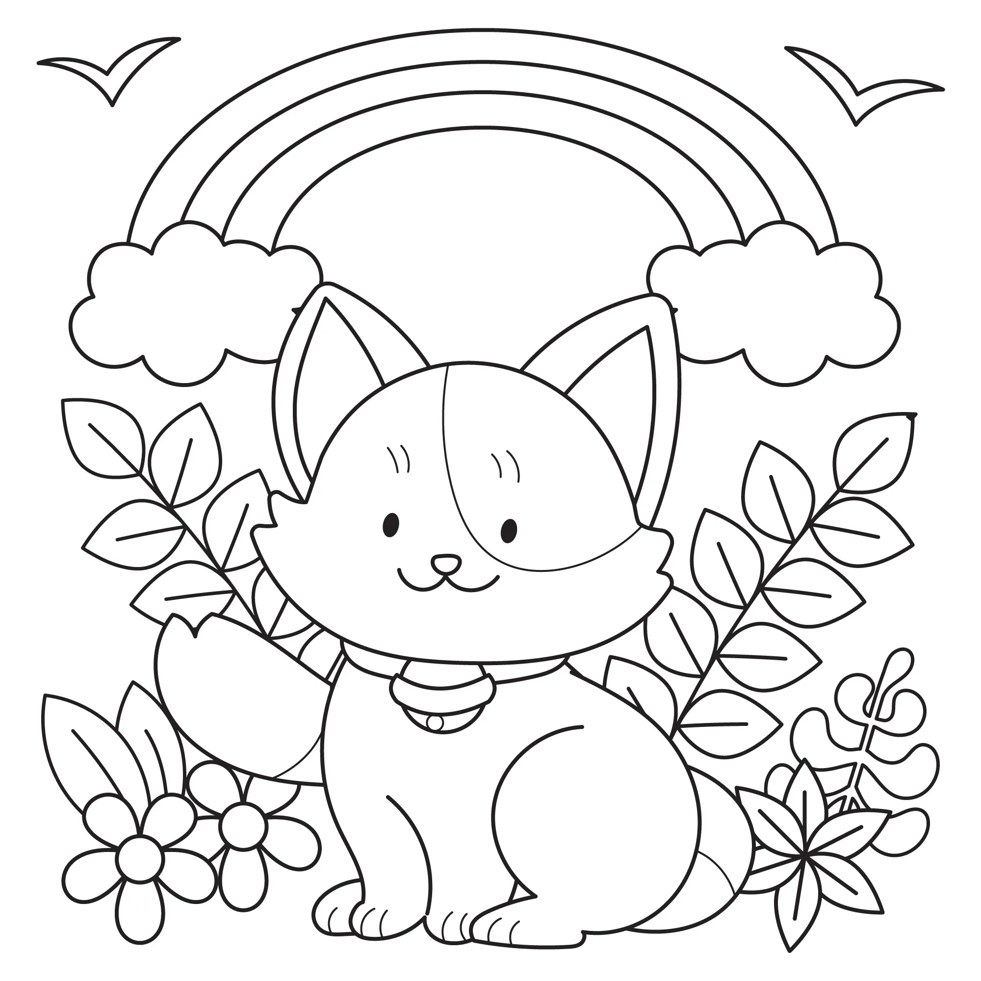 Desenho de contorno de um gatinho sentado em um jardim com flores e folhas, com um arco-íris saindo das nuvens e pássaros voando ao fundo.