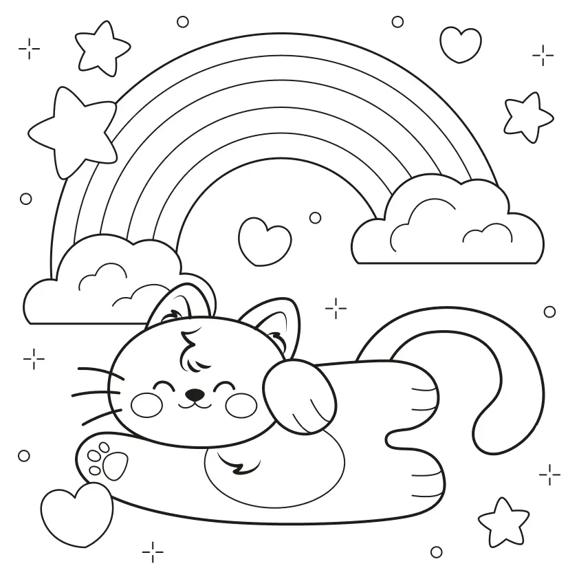 Desenho de contorno de um gatinho estilo kawaii deitado no ar, com um arco-íris ao fundo saindo de nuvens, rodeado por estrelas e corações.