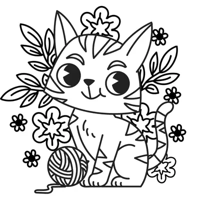 Desenho de contorno de um gatinho sentado de perfil com listras no corpo e cabeça, rodeado por várias flores de diferentes tamanhos e um novelo de lã à frente.