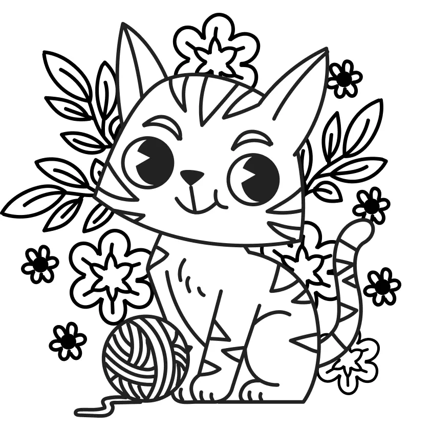 Desenho de contorno de um gatinho sentado de perfil com listras no corpo e cabeça, rodeado por várias flores de diferentes tamanhos e um novelo de lã à frente.
