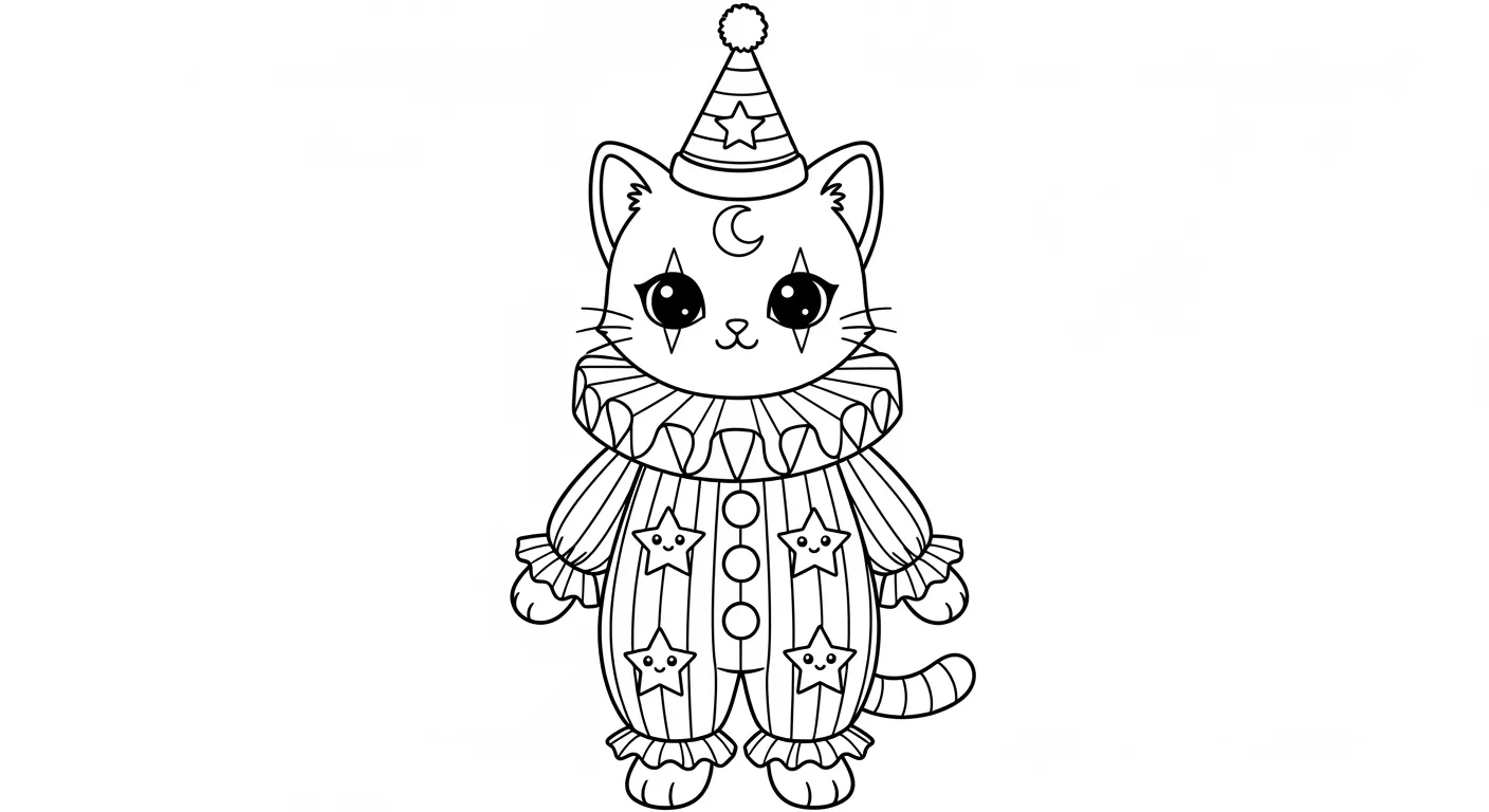 Desenho de contorno de um gato em pé vestido de palhaço, com uma lua na testa, estrelas nos olhos e na roupa, usando chapéu de cone.