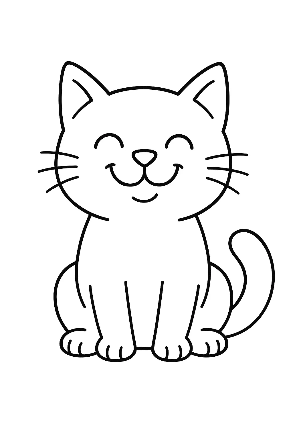 Desenho de contorno de um gatinho fofo sentado, sorrindo com os olhos fechados, bigodes longos e rabo curvado para o lado.