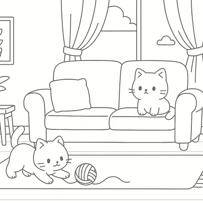 Lar Doce Lar: Gatinhos Brincando na Sala para Colorir