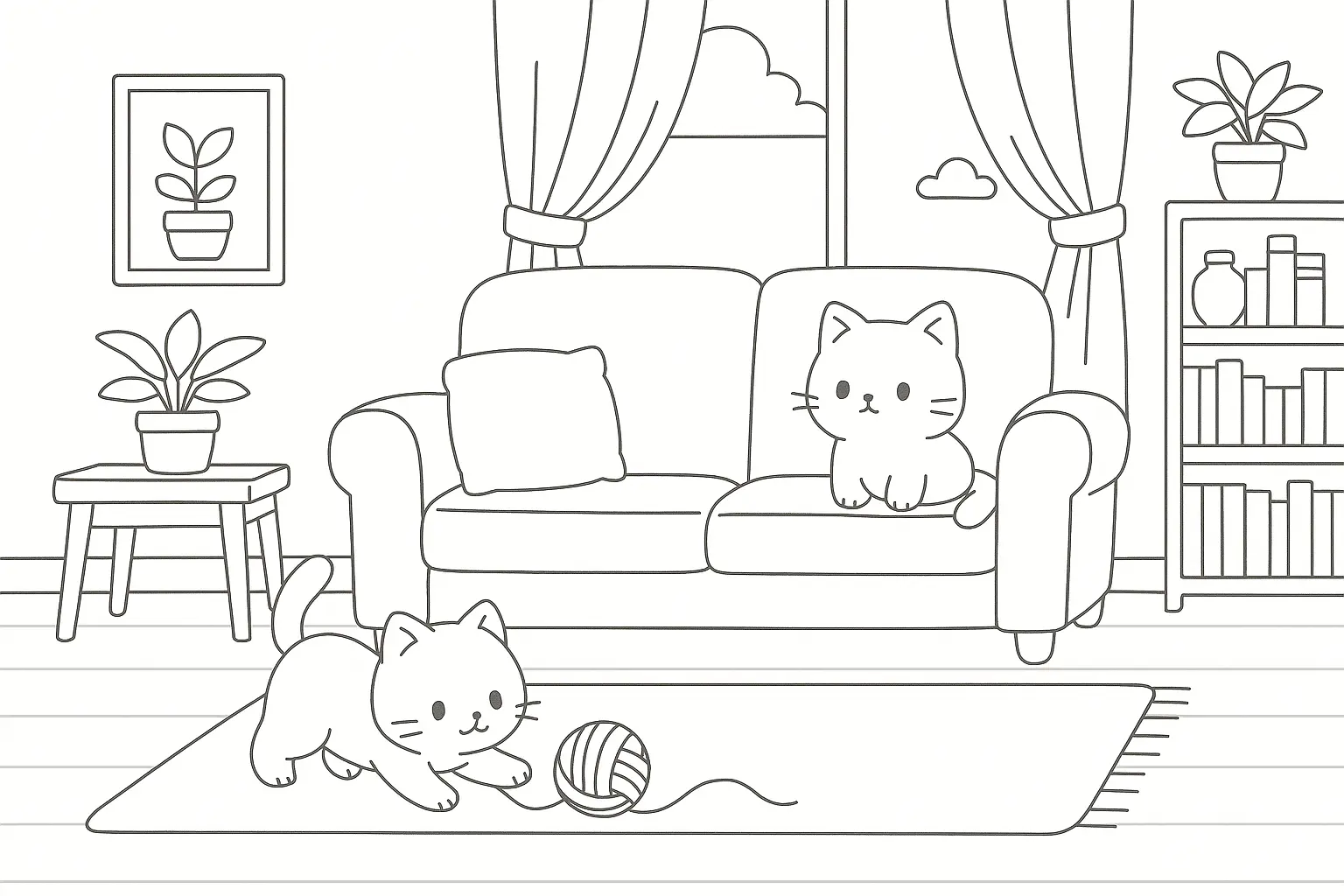 Desenho de contorno de uma sala de estar com sofá, mesa lateral, estante de livros, um gatinho sentado no sofá e outro no tapete brincando com um novelo.