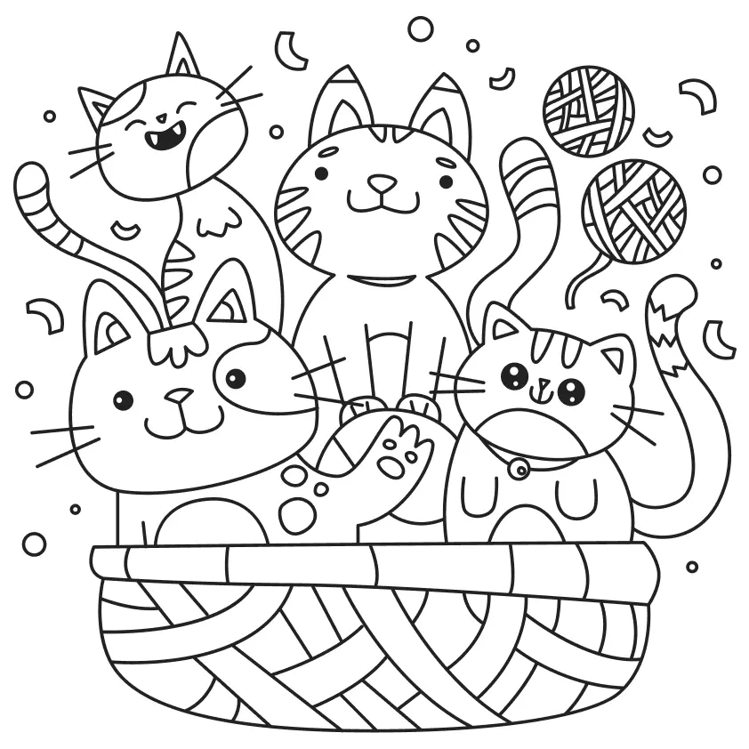 Desenho de contorno de quatro gatinhos com diferentes padrões (manchado, listrado e liso) dentro de uma cesta de vime com novelos de lã e confetes ao redor.