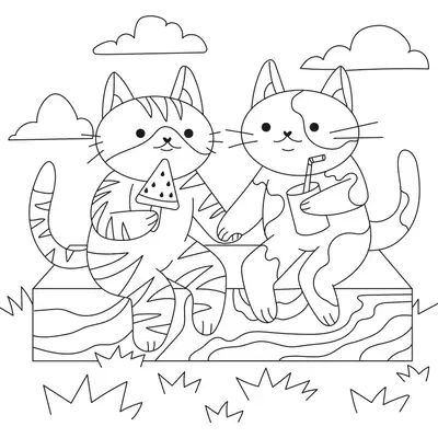 Desenho de contorno de dois gatinhos sentados em um tronco de madeira; um segura um picolé de melancia e o outro um copo de suco com canudinho, sob um céu com nuvens.