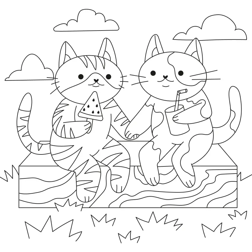 Desenho de contorno de dois gatinhos sentados em um tronco de madeira; um segura um picolé de melancia e o outro um copo de suco com canudinho, sob um céu com nuvens.