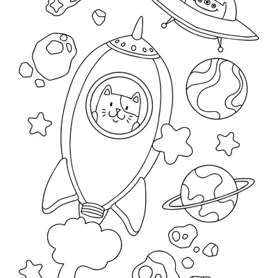 Desenho de contorno em preto e branco de um gato espiando pela janela de um foguete, com um disco voador, planetas com anéis e meteoros ao redor.