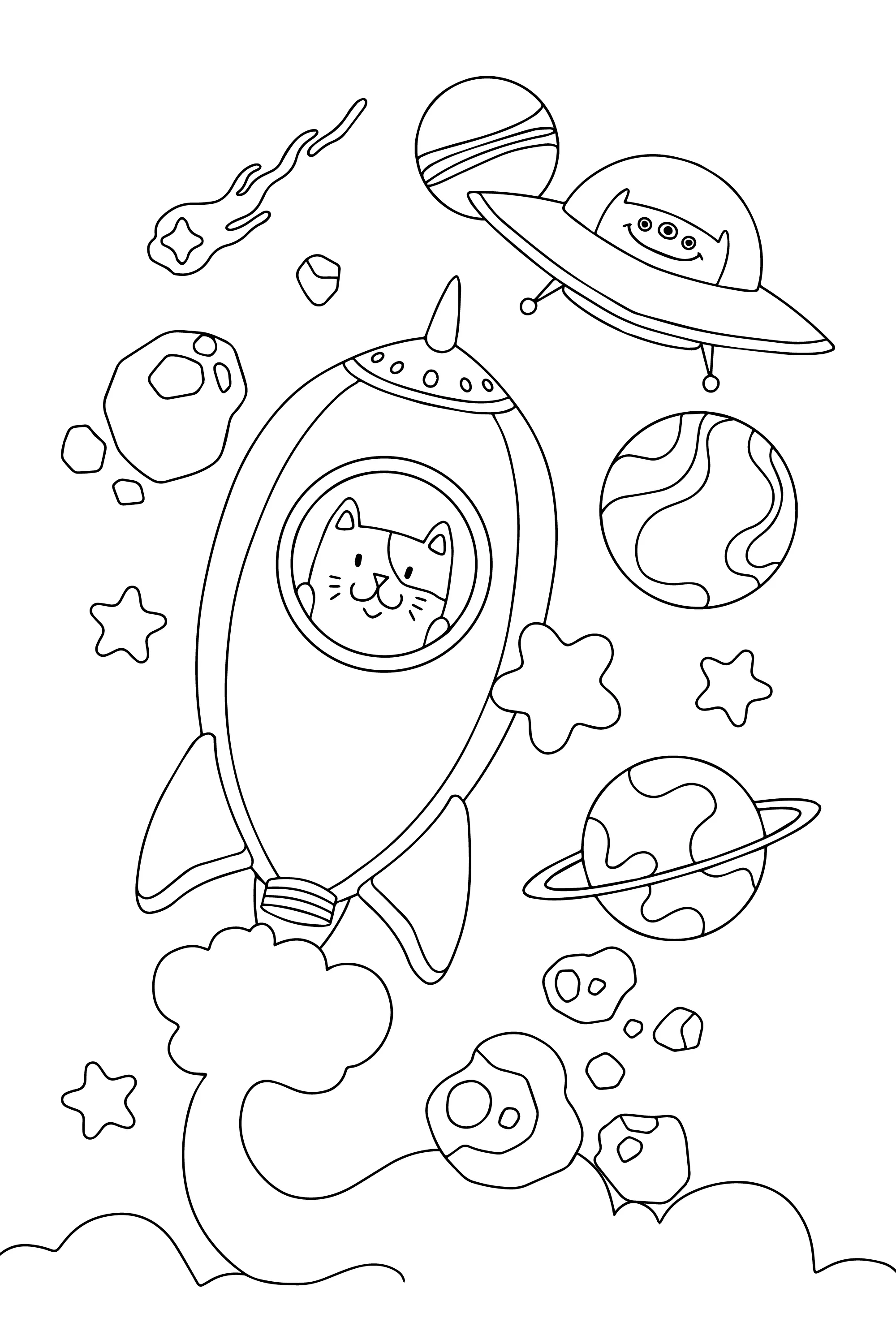 Desenho de contorno em preto e branco de um gato espiando pela janela de um foguete, com um disco voador, planetas com anéis e meteoros ao redor.