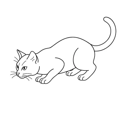 Desenho de contorno de um gato doméstico agachado na espreita, com o corpo abaixado, olhar atento para frente e cauda longa curvada para cima.