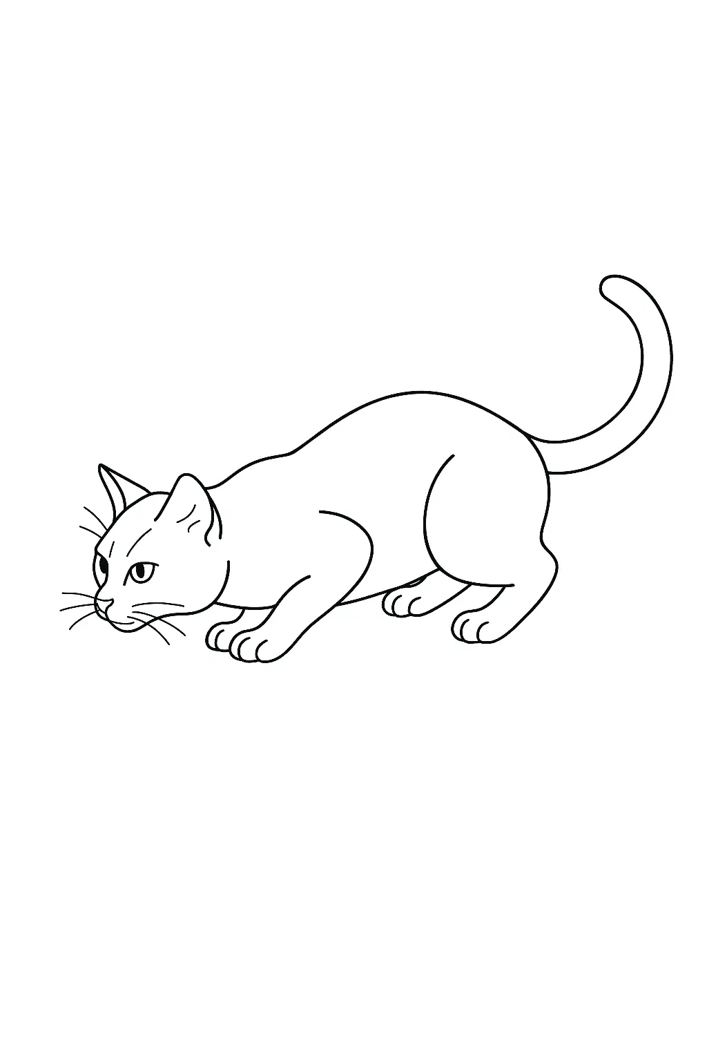 Desenho de contorno de um gato doméstico agachado na espreita, com o corpo abaixado, olhar atento para frente e cauda longa curvada para cima.