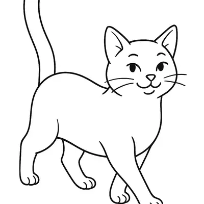 Desenho de contorno de um gato doméstico caminhando de lado, com o rabo longo levantado, uma pata dianteira suspensa e expressão sorridente.