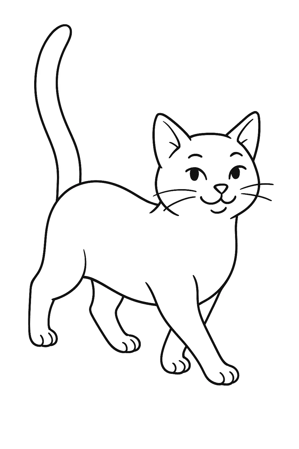 Desenho de contorno de um gato doméstico caminhando de lado, com o rabo longo levantado, uma pata dianteira suspensa e expressão sorridente.
