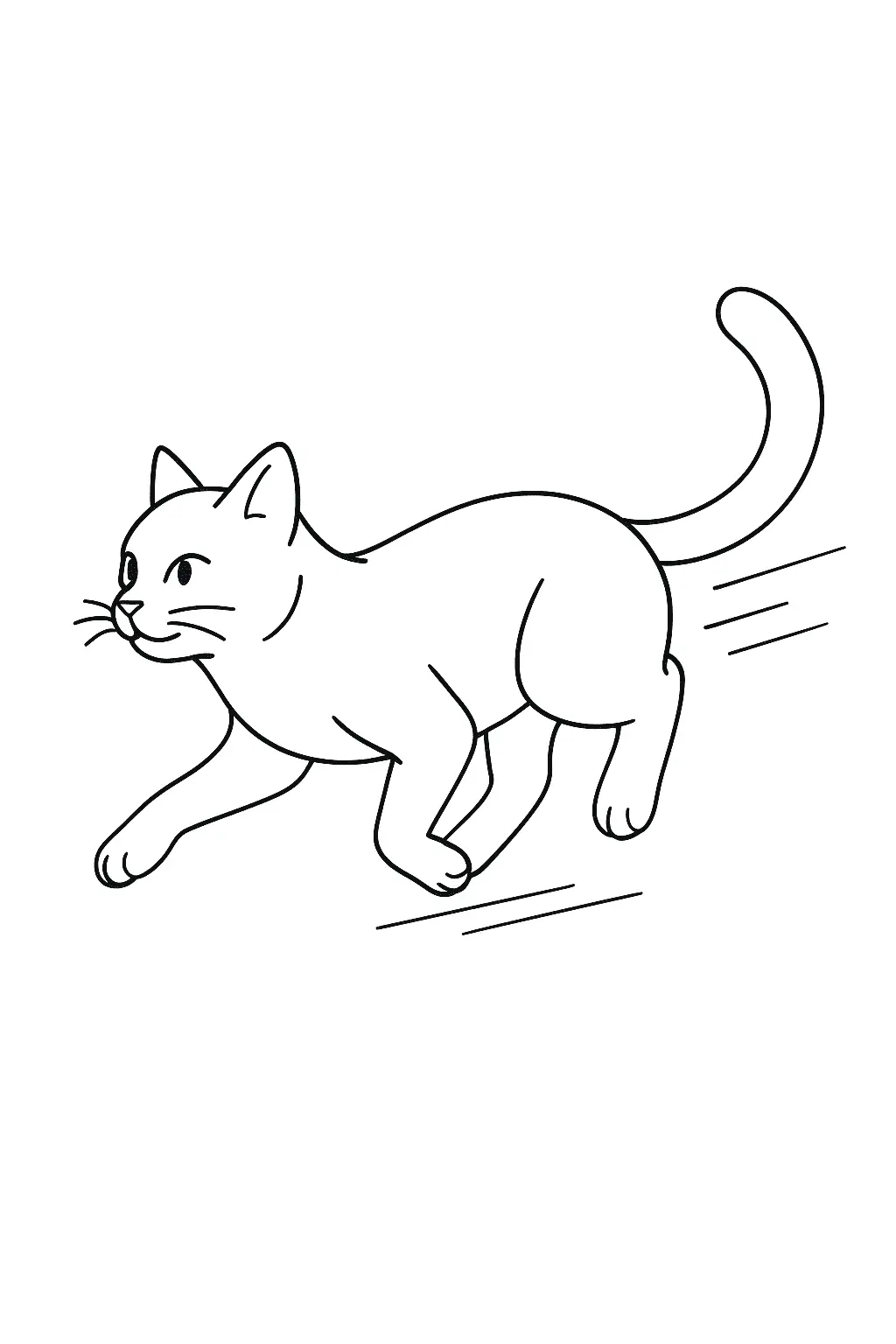 Desenho de contorno de um gato saltando ou correndo, com as quatro patas no ar, rabo esticado e linhas horizontais indicando velocidade.