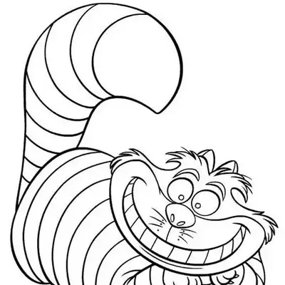 Desenho para colorir de corpo inteiro do Gato de Cheshire, um gato listrado com um sorriso gigantesco e dentes à mostra, com a cauda curvada por cima da cabeça, pronto para desaparecer.