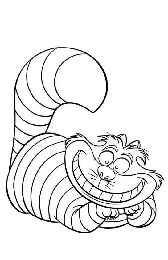 Desenho para colorir de corpo inteiro do Gato de Cheshire, um gato listrado com um sorriso gigantesco e dentes à mostra, com a cauda curvada por cima da cabeça, pronto para desaparecer.