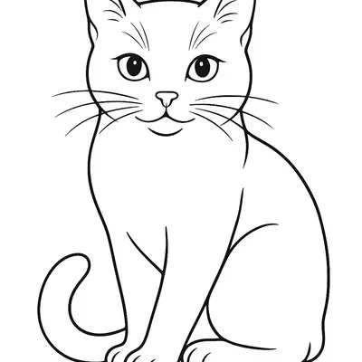 Desenho de contorno de um gato doméstico sentado de frente, com olhar focado, orelhas erguidas e rabo posicionado ao lado do corpo.