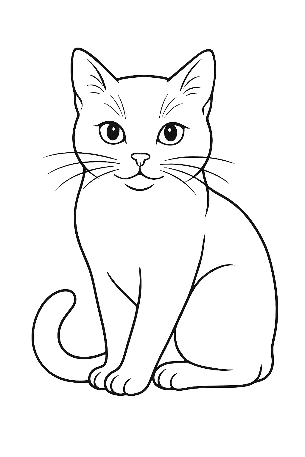 Desenho de contorno de um gato doméstico sentado de frente, com olhar focado, orelhas erguidas e rabo posicionado ao lado do corpo.