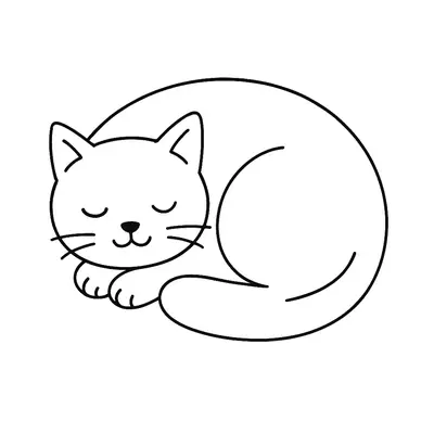 Desenho de contorno de um gato dormindo enrolado em formato circular, com olhos fechados, sorriso calmo e rabo contornando o corpo.