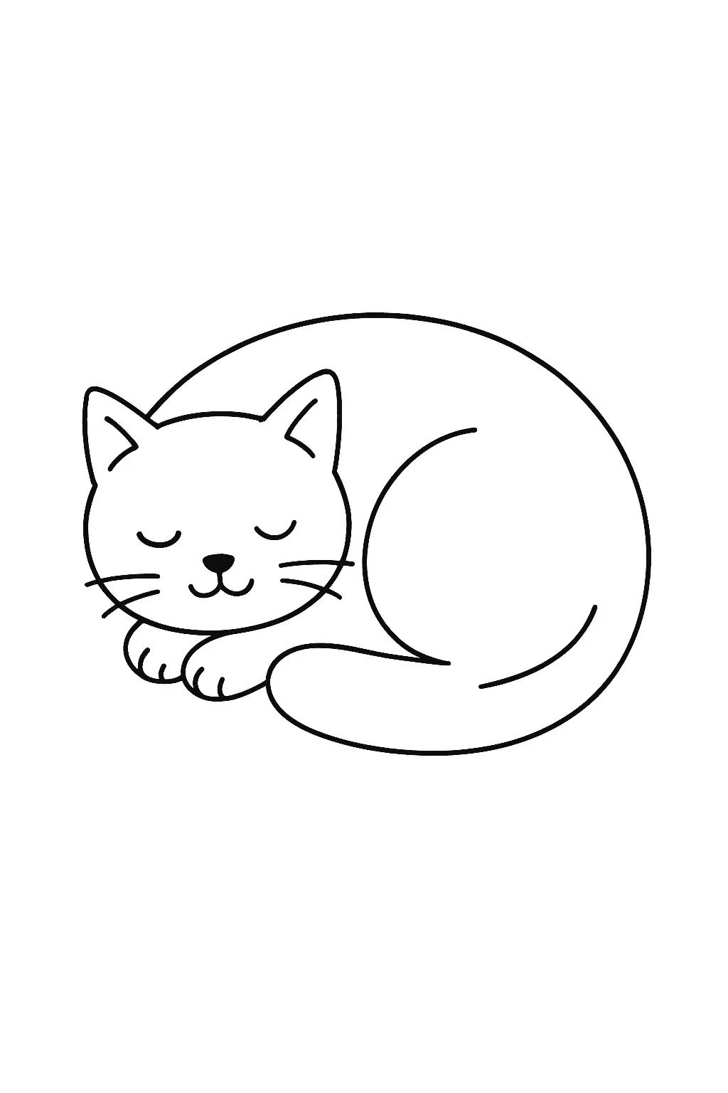 Desenho de contorno de um gato dormindo enrolado em formato circular, com olhos fechados, sorriso calmo e rabo contornando o corpo.
