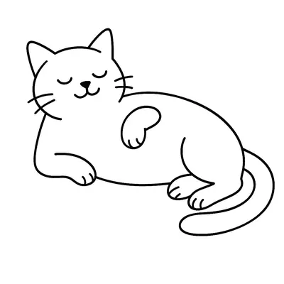 Desenho de contorno de um gato gordinho deitado de lado com os olhos fechados, uma pata encolhida e expressão de sono tranquilo.