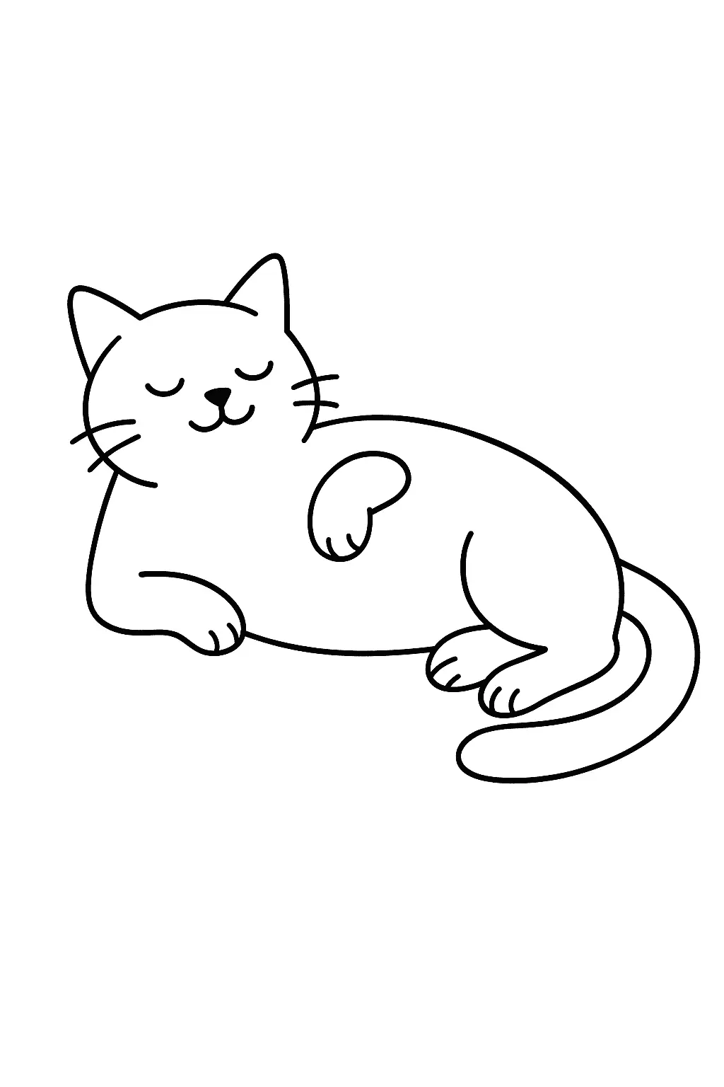 Desenho de contorno de um gato gordinho deitado de lado com os olhos fechados, uma pata encolhida e expressão de sono tranquilo.