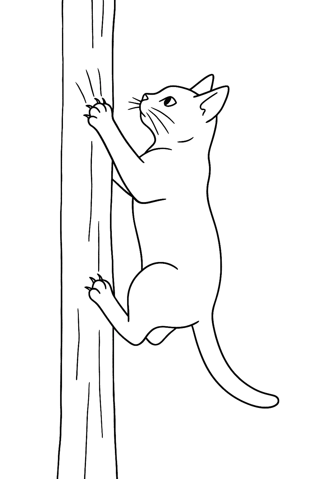 Desenho de contorno de um gato subindo em um tronco de árvore, com as garras fincadas na madeira e olhar atento para cima.