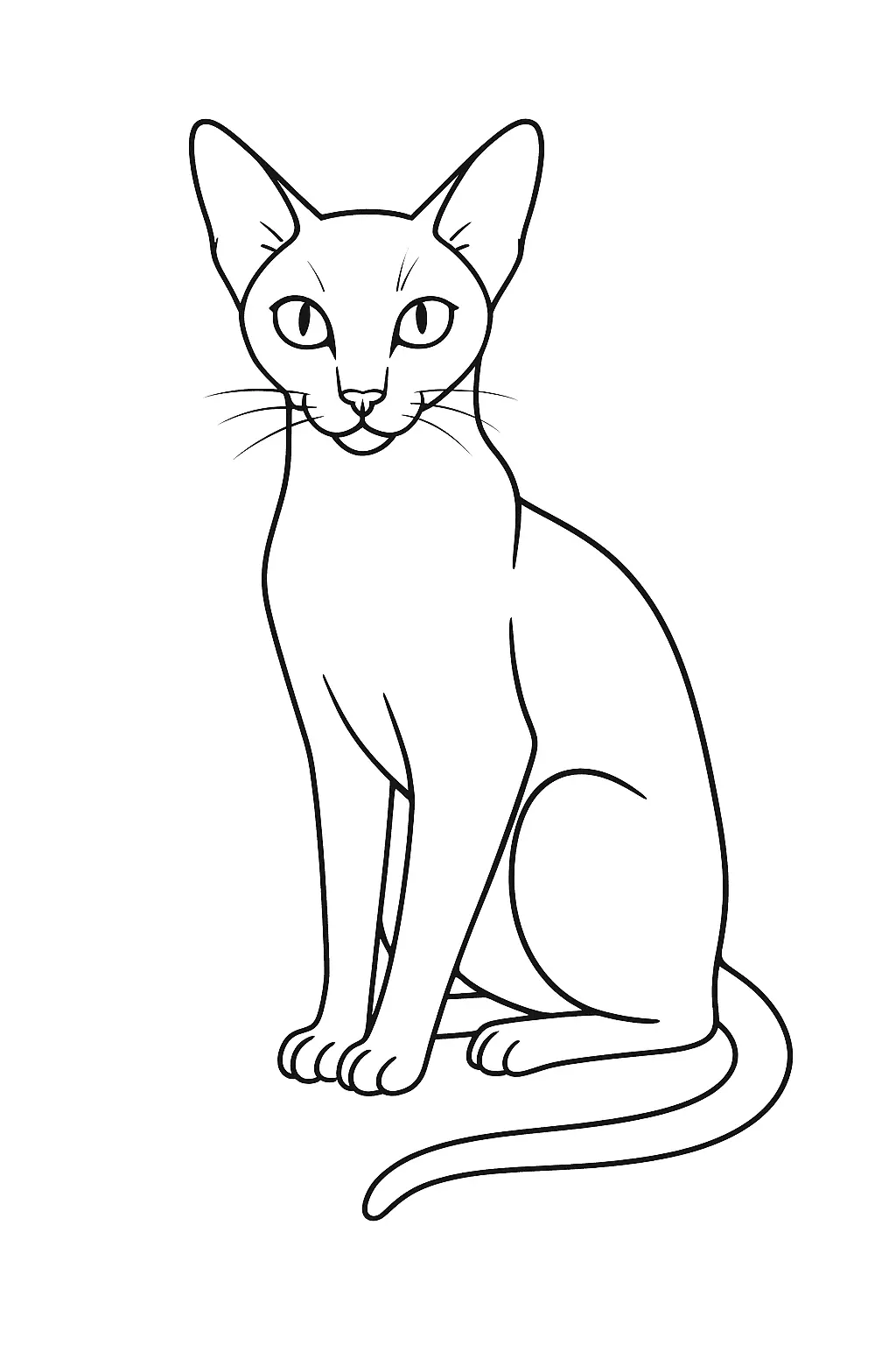 Desenho de contorno preto e branco de um gato oriental sentado de frente, com corpo magro, pescoço longo, orelhas grandes e rabo fino esticado no chão.
