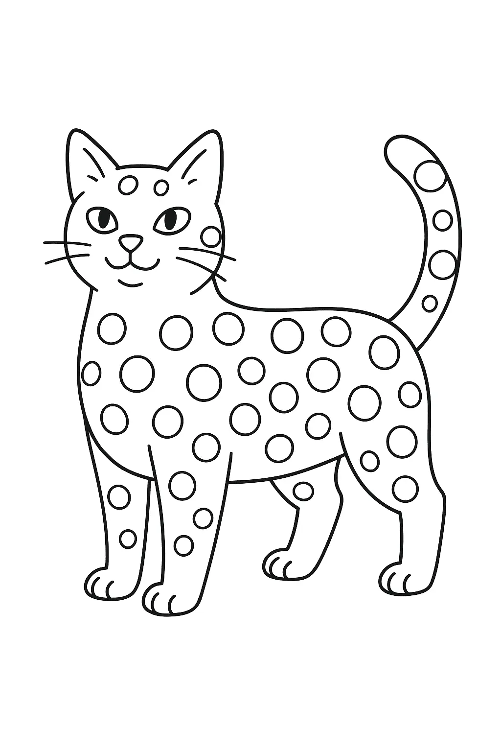 Desenho de contorno de um gato em pé com padrão de círculos e bolinhas cobrindo todo o corpo, cabeça e cauda curvada.