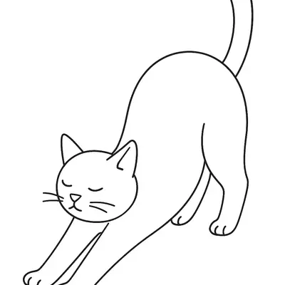 Desenho de contorno de um gato se espreguiçando, com as patas da frente esticadas no chão, as costas arqueadas e o rabo levantado.