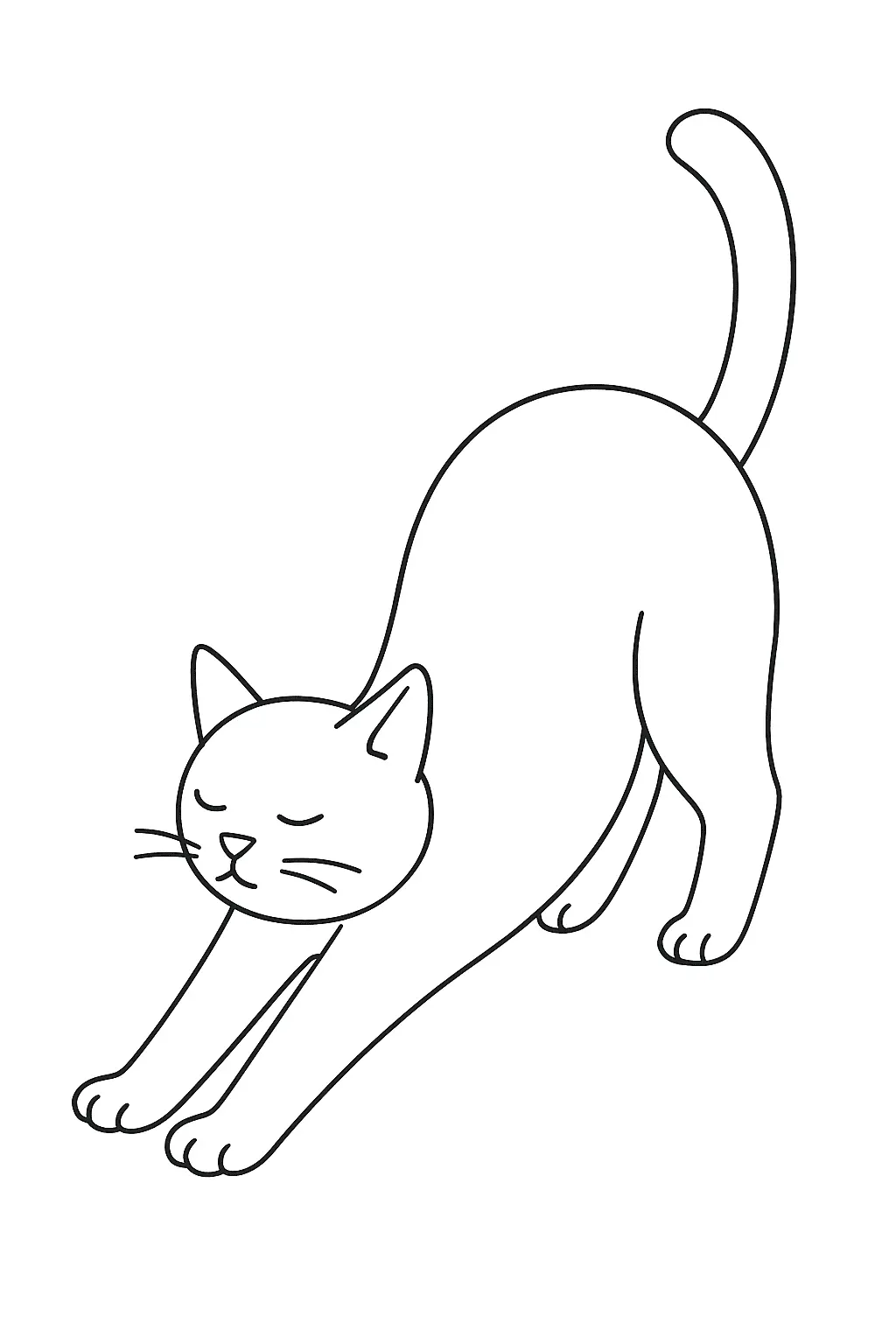 Desenho de contorno de um gato se espreguiçando, com as patas da frente esticadas no chão, as costas arqueadas e o rabo levantado.