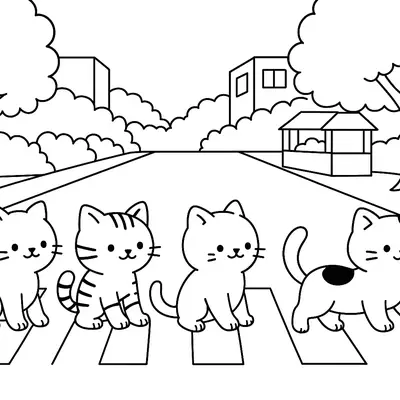 Desfile Felino: Gatinhos na Faixa de Pedestres para Colorir