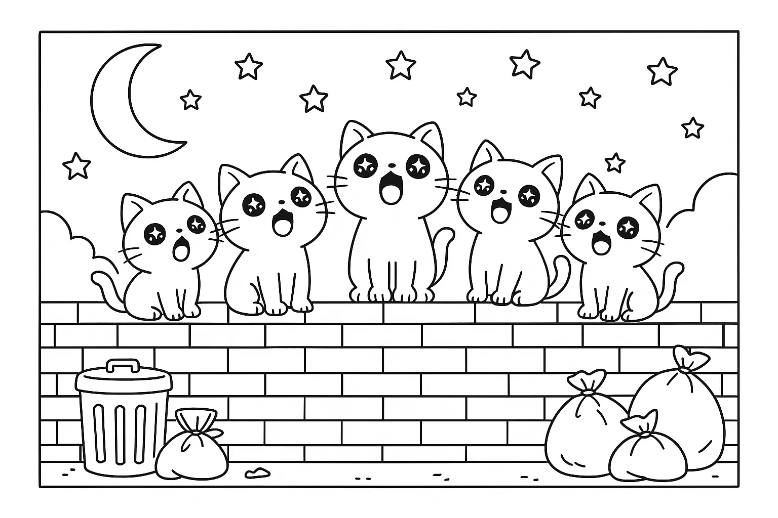 Desenho de linha de cinco gatos sentados em um muro de tijolos cantando com bocas abertas e olhos de estrela, sob o céu com lua crescente e estrelas.