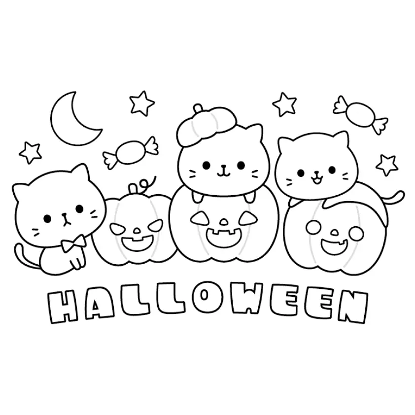 Ilustração em preto e branco de três gatinhos e três abóboras com rostos, cercados por estrelas, lua, balas e a inscrição HALLOWEEN em letras grandes.