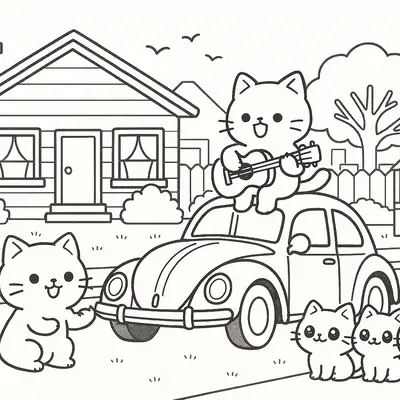 Show no Bairro: Gatinho Musico e seu Fusca para Colorir