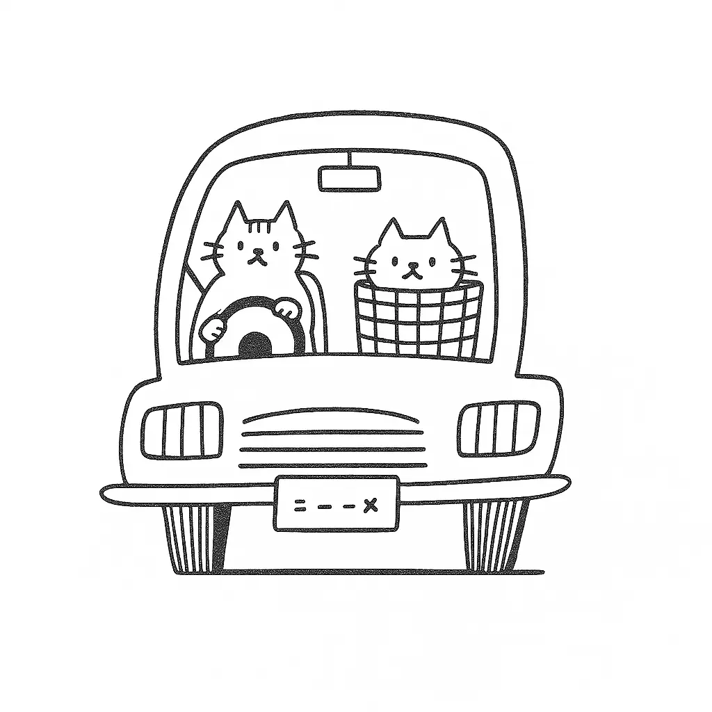 Desenho de contorno de um carro visto de frente com um gato listrado no volante e outro gatinho menor dentro de uma cesta no banco do passageiro.