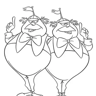 Desenho para colorir dos personagens gêmeos Tweedledee e Tweedledum de Alice no País das Maravilhas, gordinhos, vestindo grandes laços e chapéus com bandeirinhas.