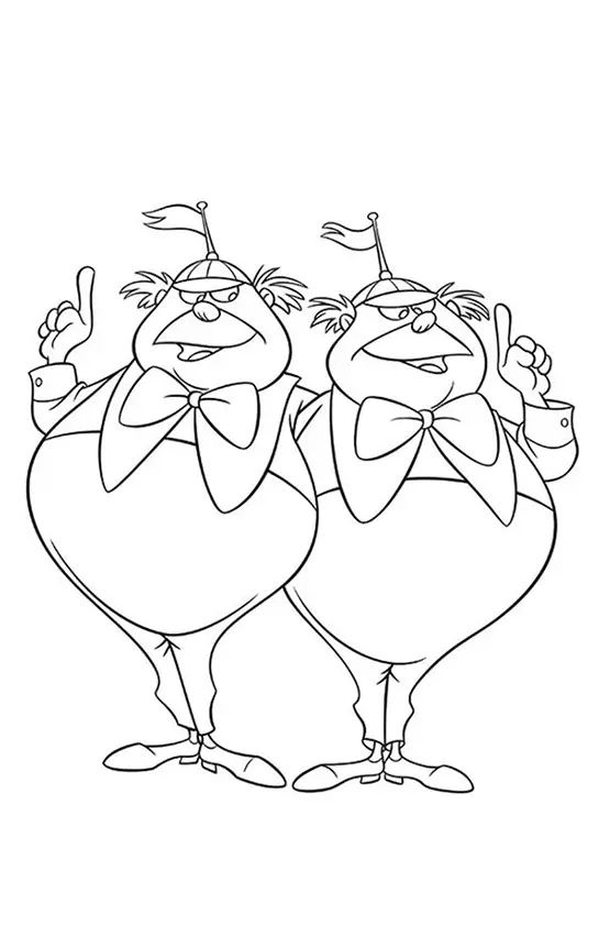 Desenho para colorir dos personagens gêmeos Tweedledee e Tweedledum de Alice no País das Maravilhas, gordinhos, vestindo grandes laços e chapéus com bandeirinhas.