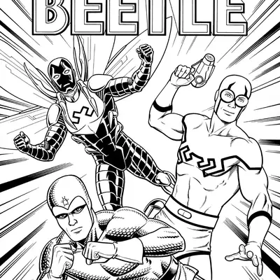 Desenho de contorno dos três personagens que foram o Besouro Azul: Jaime Reyes com armadura e asas, Ted Kord com óculos e Dan Garrett com traje de escamas.