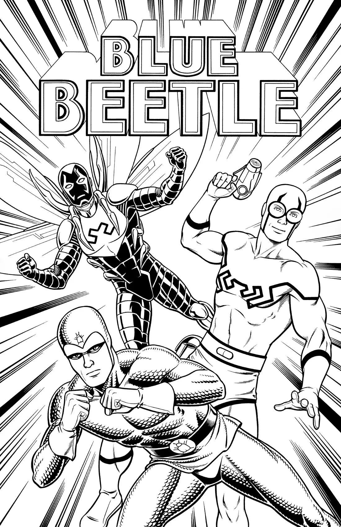 Desenho de contorno dos três personagens que foram o Besouro Azul: Jaime Reyes com armadura e asas, Ted Kord com óculos e Dan Garrett com traje de escamas.