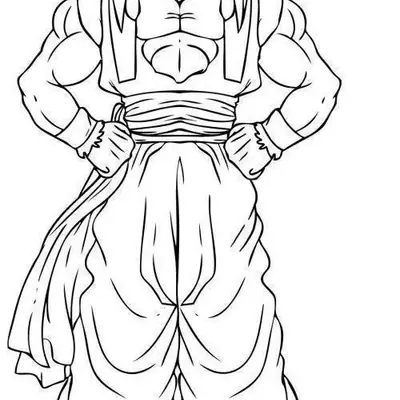 Desenho de contorno em preto e branco do Gogeta em sua forma Super Saiyajin 4, com cabelos longos e selvagens, colete da fusão e mãos na cintura.
