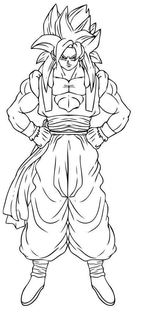 Desenho de contorno em preto e branco do Gogeta em sua forma Super Saiyajin 4, com cabelos longos e selvagens, colete da fusão e mãos na cintura.