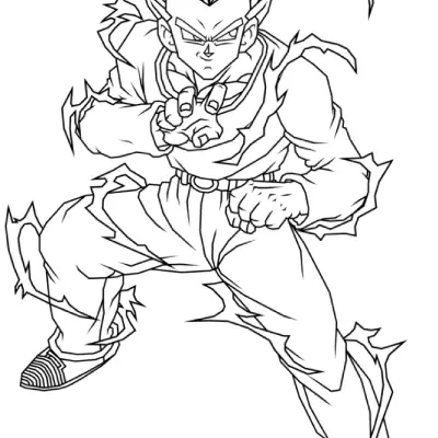 Desenho de contorno em preto e branco do Gohan adulto em pose de luta, com cabelo de Super Saiyajin e pequenos raios em formato de zig-zag ao redor do corpo.