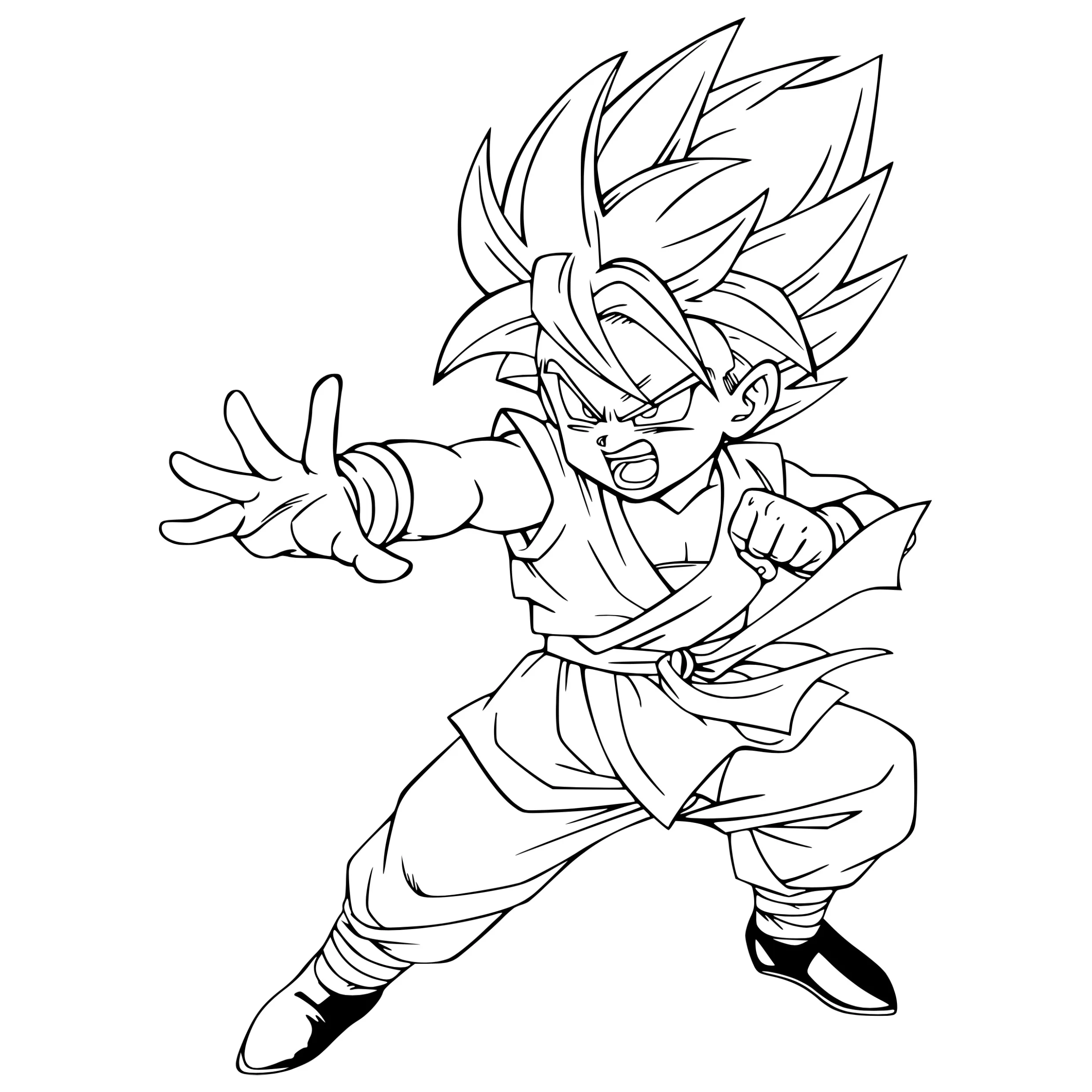 Desenho de contorno em preto e branco do Gohan criança como Super Saiyajin, em pose de combate, com cabelo espetado e vestindo o dogi de artes marciais.