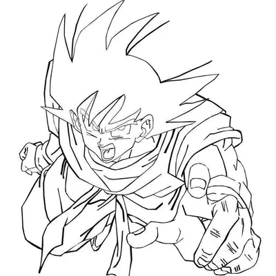 Desenho de contorno em preto e branco do Goku visto de cima em perspectiva, com uma mão gigante estendida para a frente e gritando durante um ataque.