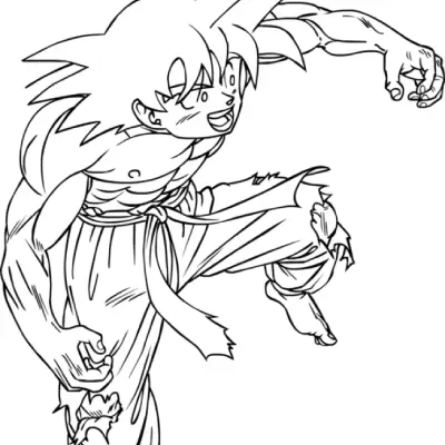 Desenho de contorno em preto e branco do Goku saltando ou flutuando, com o torso nu, calças rasgadas e uma expressão de determinação alegre.