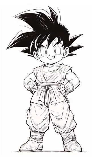 Desenho de contorno em preto e branco do Goku criança sorrindo, vestindo seu dogi de artes marciais e com as mãos na cintura.