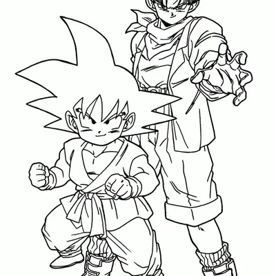Desenho de contorno em preto e branco do Goku criança com Dogi e Trunks jovem com jaqueta e lenço, ambos em pose de prontidão.