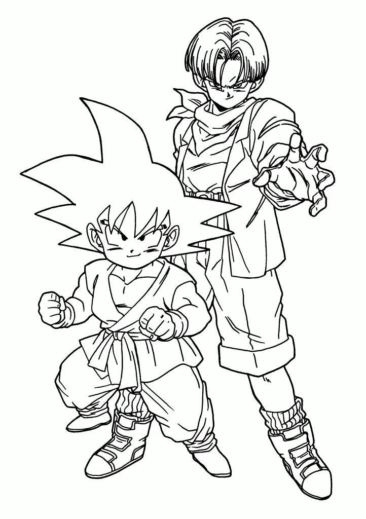 Desenho de contorno em preto e branco do Goku criança com Dogi e Trunks jovem com jaqueta e lenço, ambos em pose de prontidão.