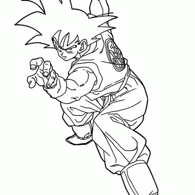 Desenho de contorno em preto e branco do personagem Goku de Dragon Ball, em posição de luta com um braço levantado e o outro à frente.